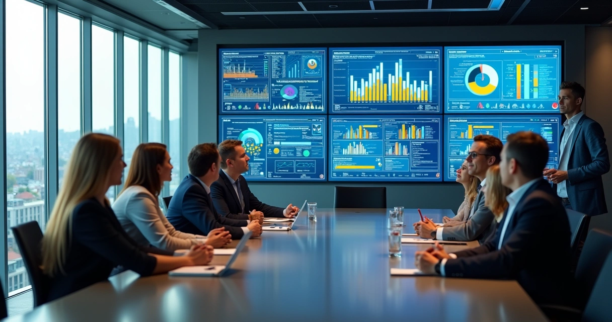 Dashboards coloridos com métricas de TI em telas de computadores em uma sala de reunião