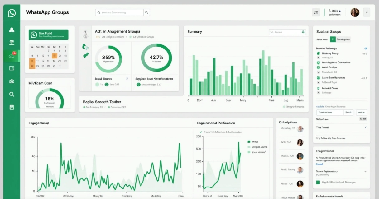 Dashboard de monitoramento de grupos de WhatsApp com gráficos de engajamento e calendário de ações 