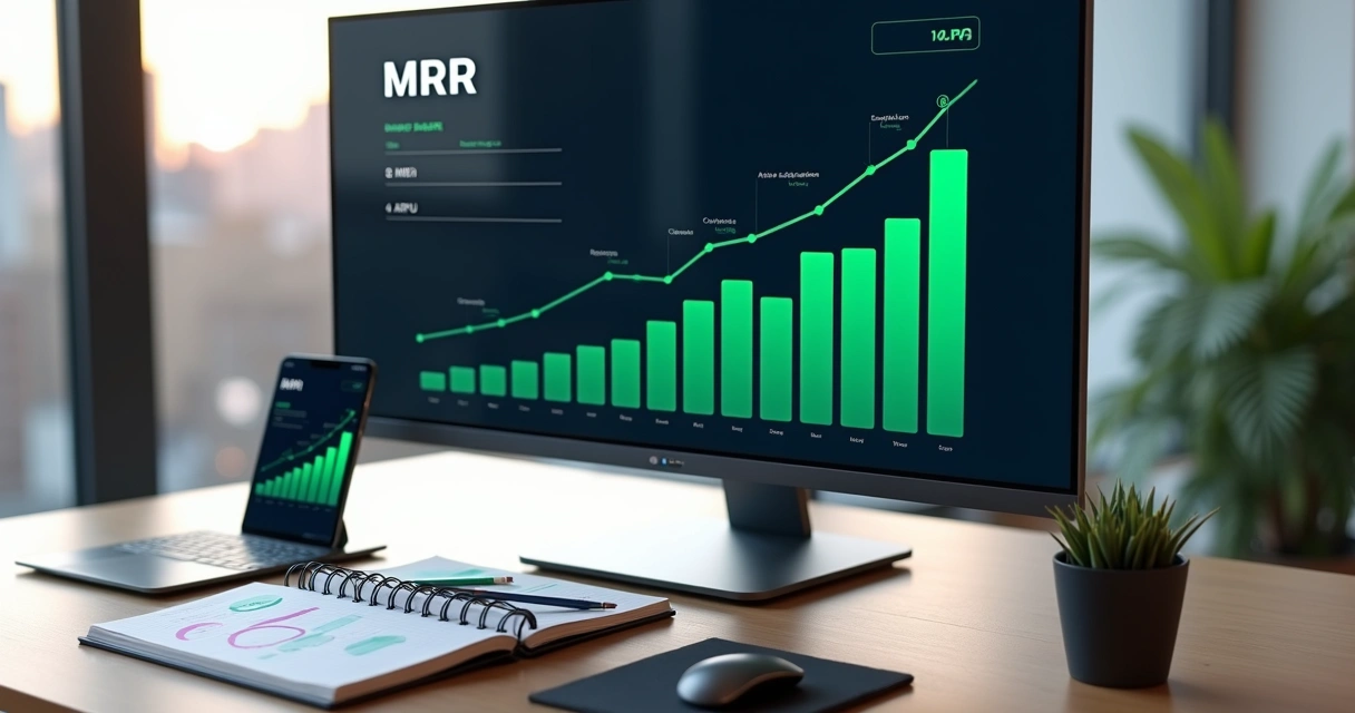 Gráfico de MRR em alta em painel financeiro digital 