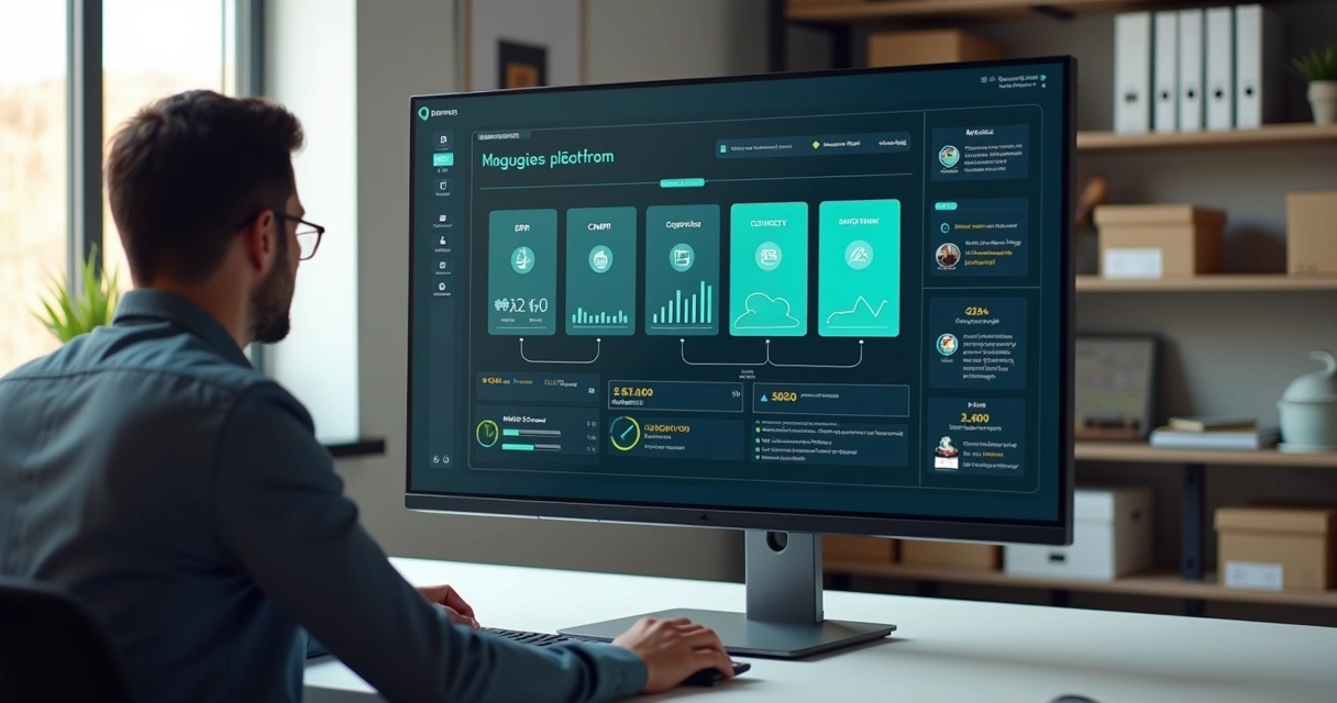 Gestor analisando painel de integrações multi CNPJ em tela grande de computador 