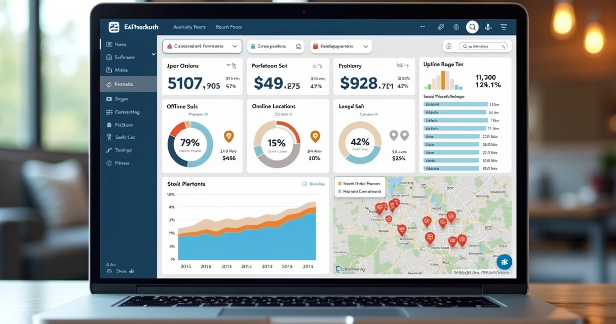 Dashboard ERP mostra performance de várias lojas 