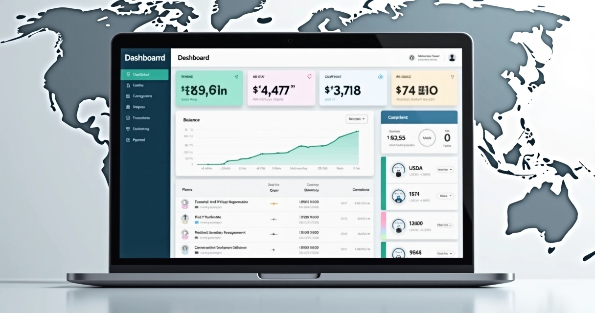 Dashboard digital mostrando saldos em diferentes moedas e transferências internacionais 