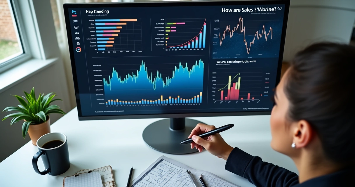 Dashboard digital com gráficos e perguntas em destaque na tela 
