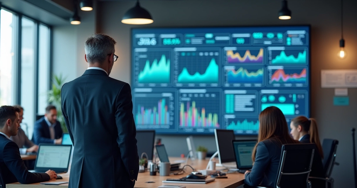 Gestor analisando dashboard de IA com dados integrados no escritório 