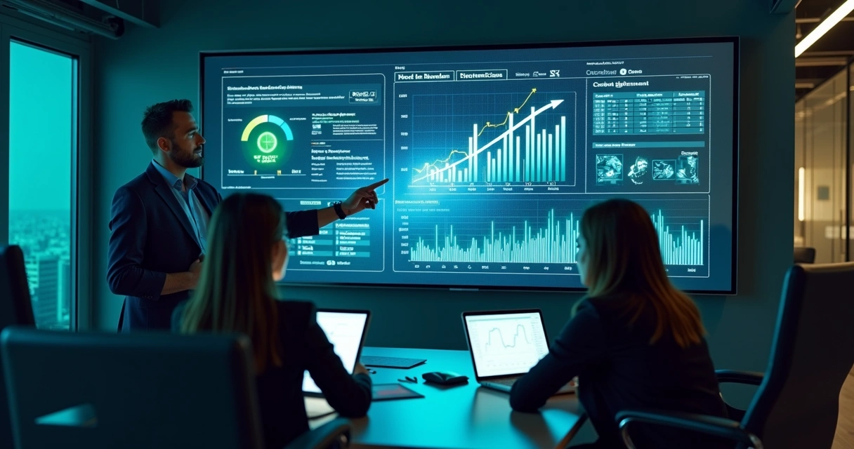 Painel de negócios inteligente com gráficos predicitvos em tela grande 