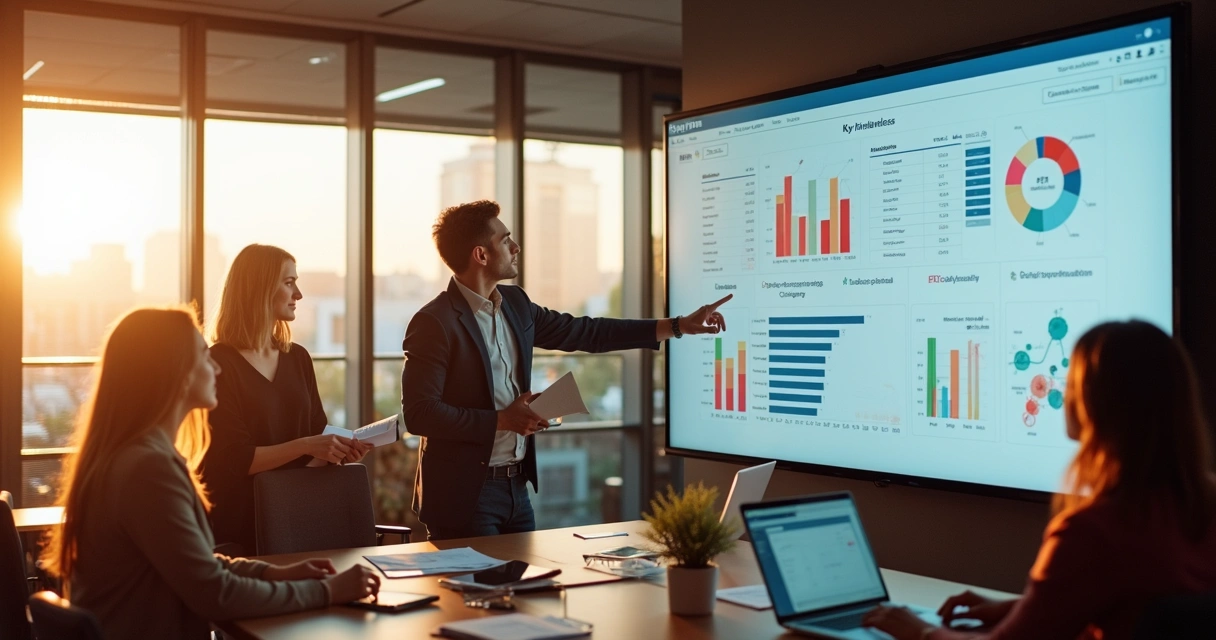 Dashboard corporativo com gráficos e indicadores de desempenho 