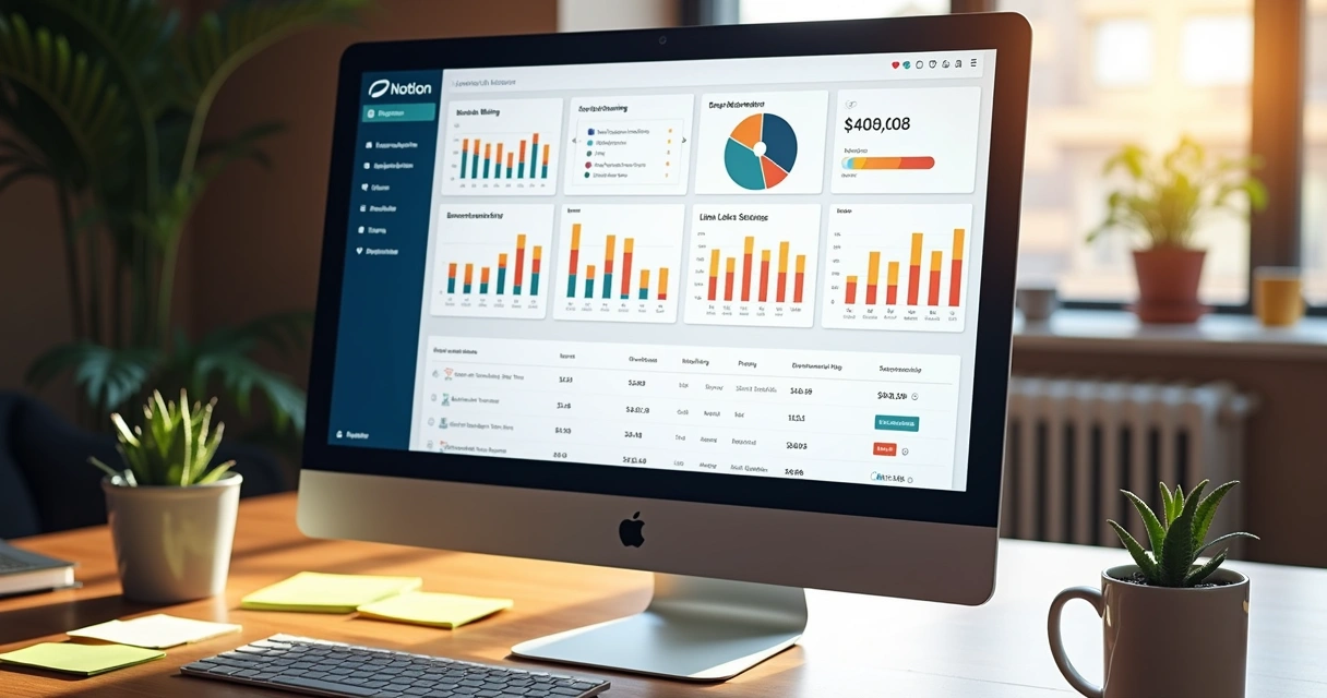 Dashboard em Notion apresentando gráficos de faturamento nacional, lista de clientes e status de faturas 