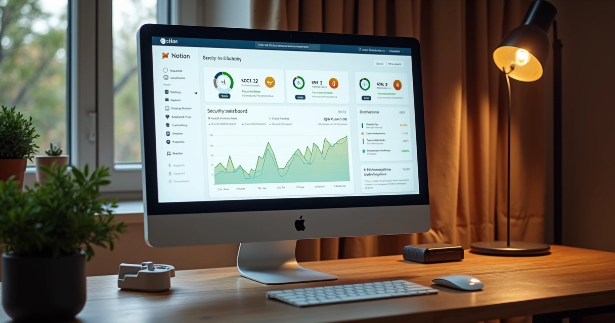 Dashboard moderno no Notion exibindo permissões de acesso e criptografia 