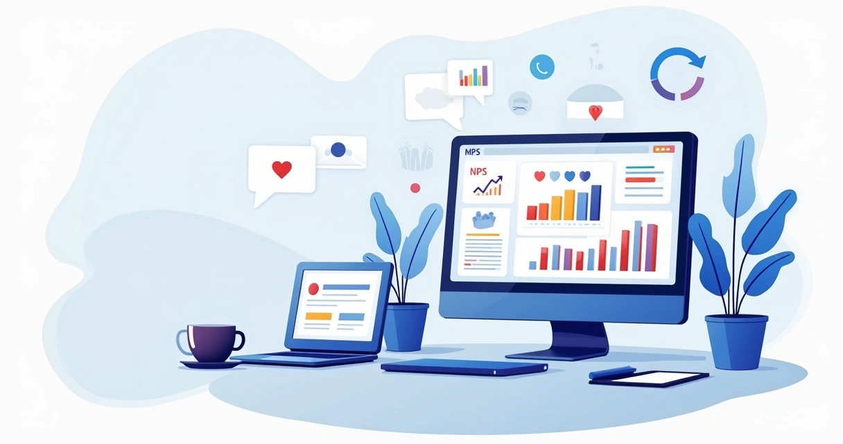 Dashboard corporativo com gráficos de NPS, métricas chave e análise de feedback em interface moderna 