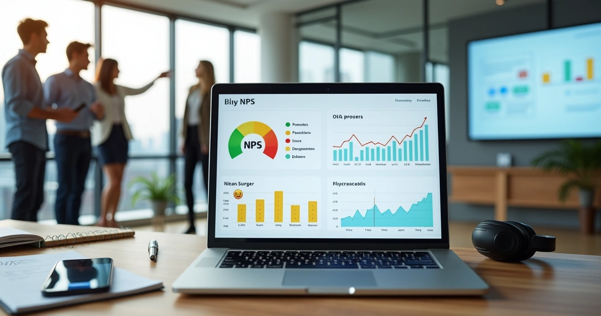 Painel NPS em tela de notebook com equipe SaaS analisando promotores passivos e detratores 
