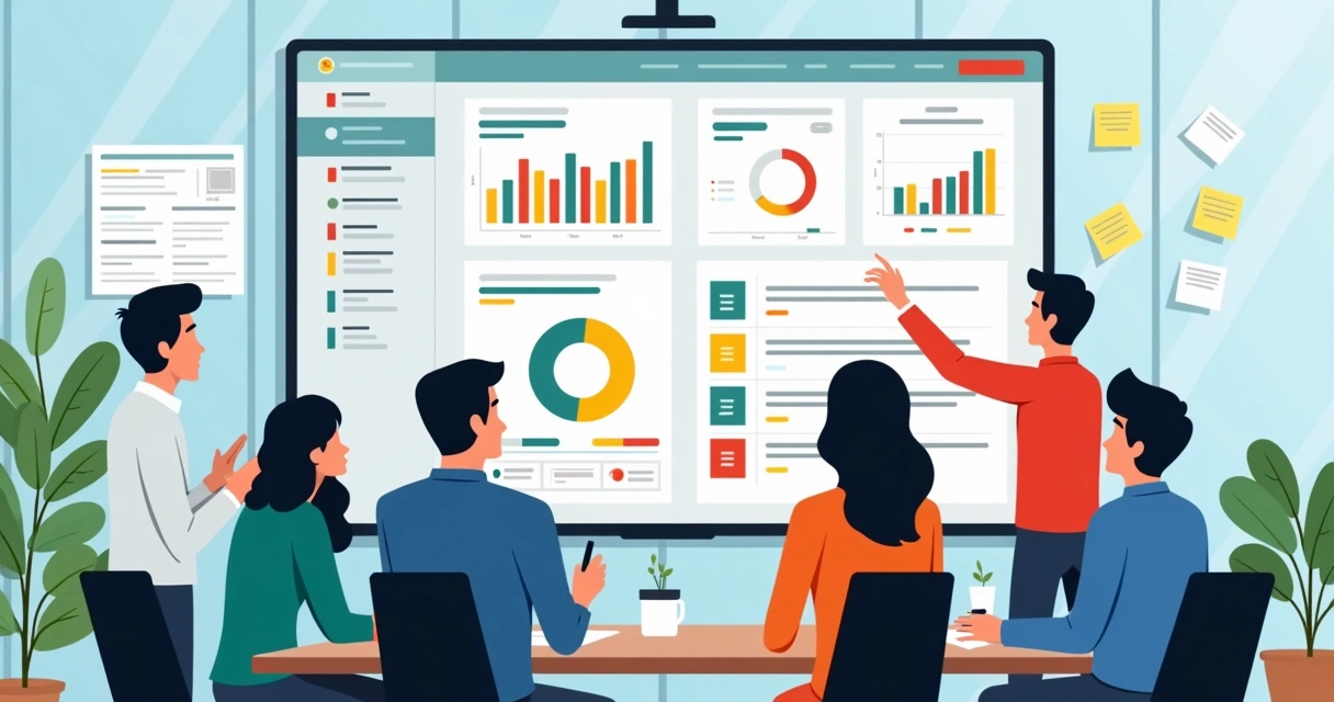 Equipe analisando dashboard NPS segmentado por tags automáticas em tela grande