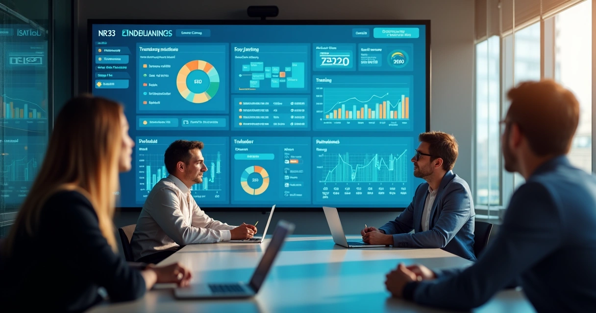 Dashboard com indicadores de conformidade NR 33, status e análise de risco 