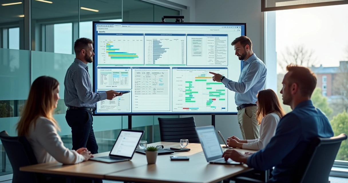 Painel digital de planejamento de obra sendo consultado por equipe em escritório moderno 