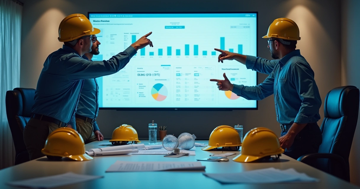 Dashboard financeiro e de andamento de obra em tela de computador ao lado de blueprint e capacetes 