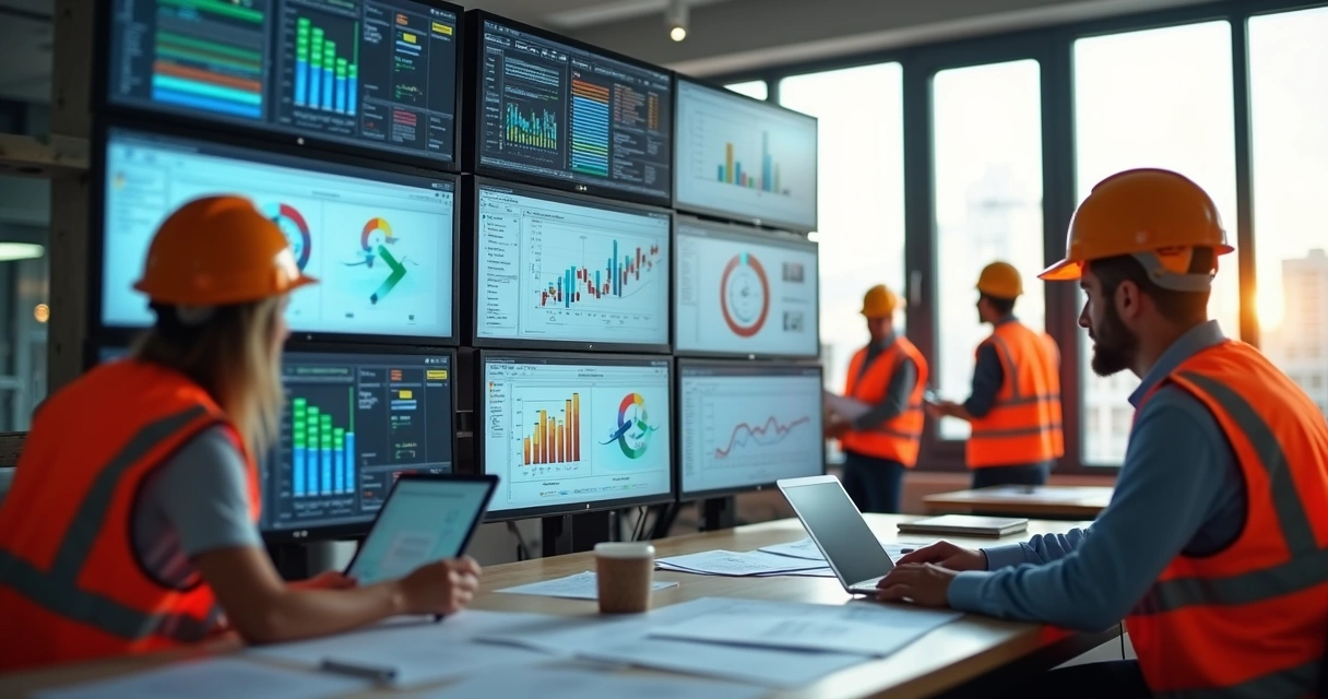 Dashboard de obras da construção civil em tela de computador 