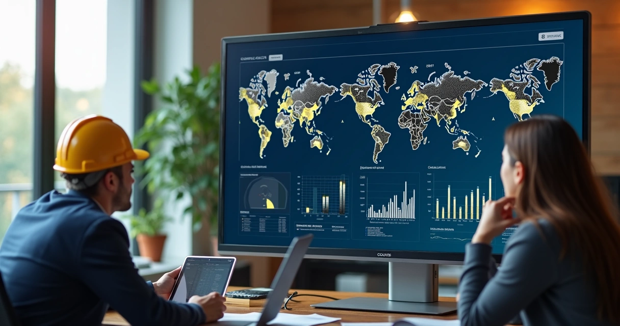Dashboard digital com dados de obras de construção e filtros de pesquisa visíveis 