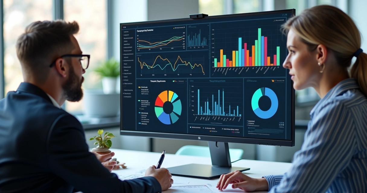 Dashboard colorido de sistema de controle de obra com gráficos em tela ampla 