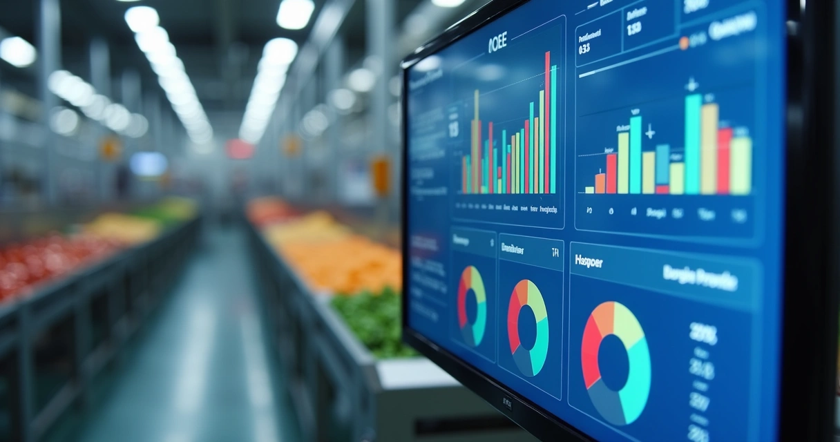 Dashboard colorido mostrando OEE e gráficos em fábrica de alimentos 