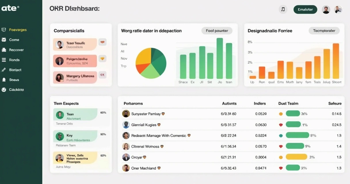 Dashboard colorido mostrando análise de metas atrasadas, gráfico de barras e histórico de progresso 