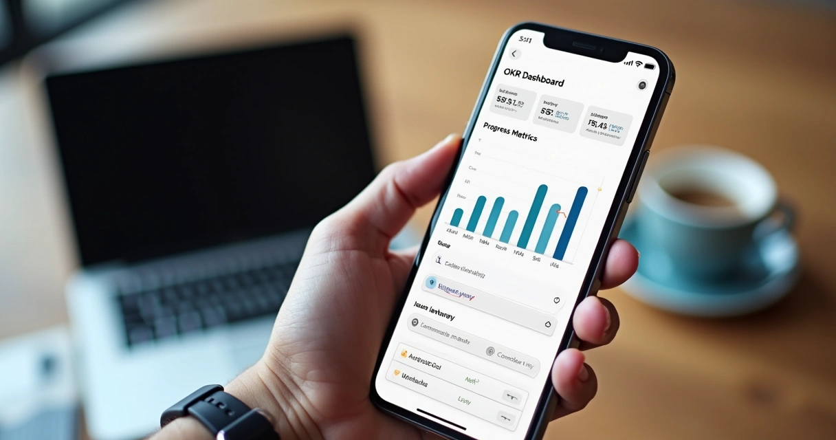 Tela de celular com dashboard de OKR mostrando check-in assíncrono 