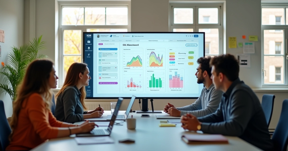 Equipe visualizando progresso de OKR em painel digital colaborativo 