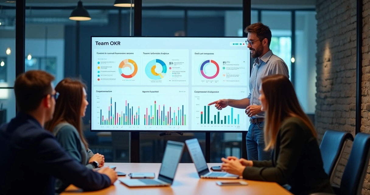 Dashboard digital mostrando progresso das metas OKR por setor 
