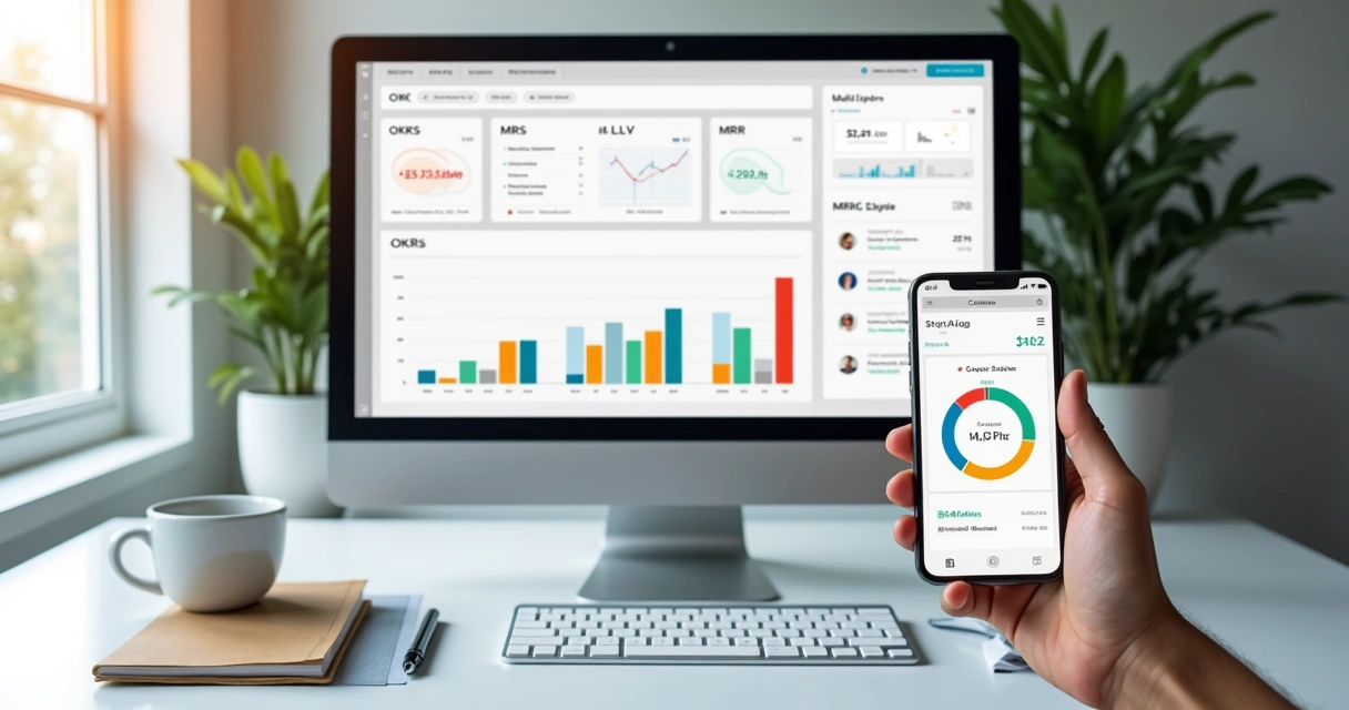 Dashboard digital com indicadores de OKRs, MRR e LTV aberto em computador moderno 