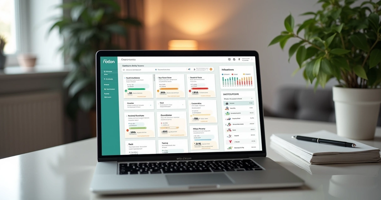 Tela de Notion com dashboard de OKRs e indicadores 