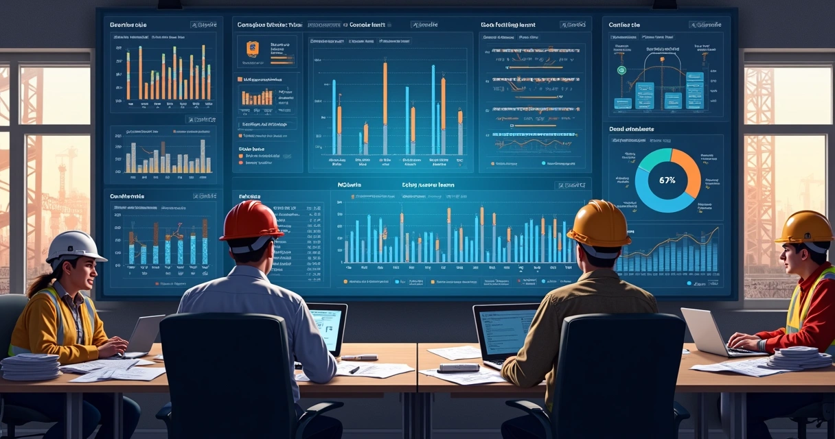 Dashboard digital de metas e prazos em tela, supervisores analisando dados da obra 
