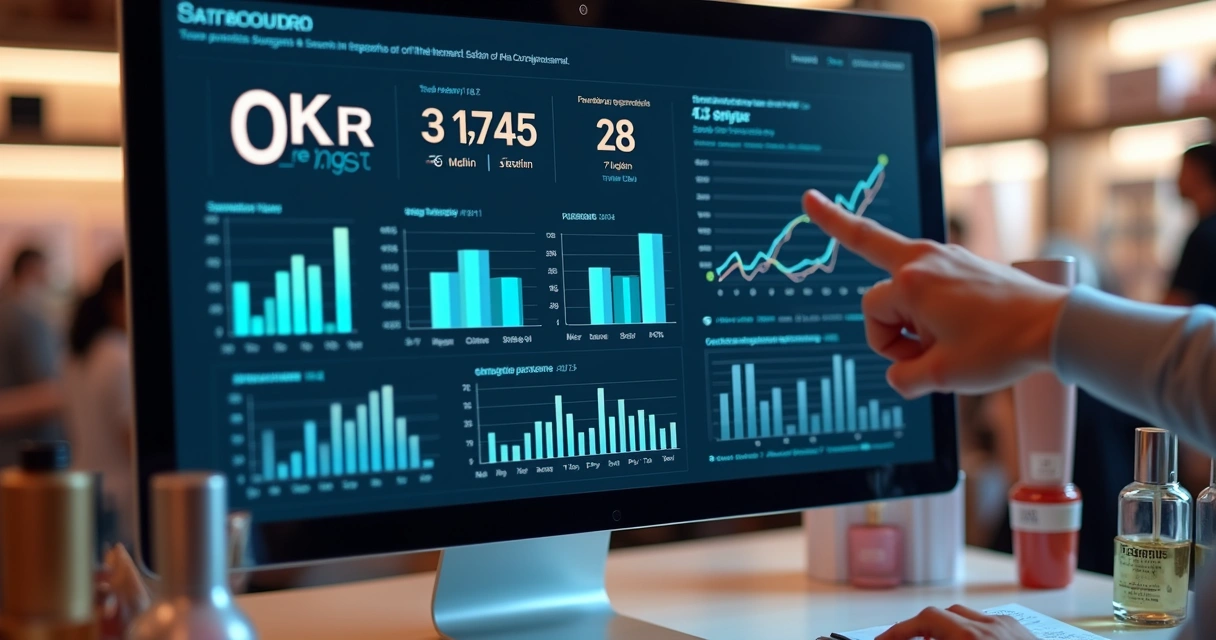 Dashboard digital com indicadores de OKR em tela na perfumaria
