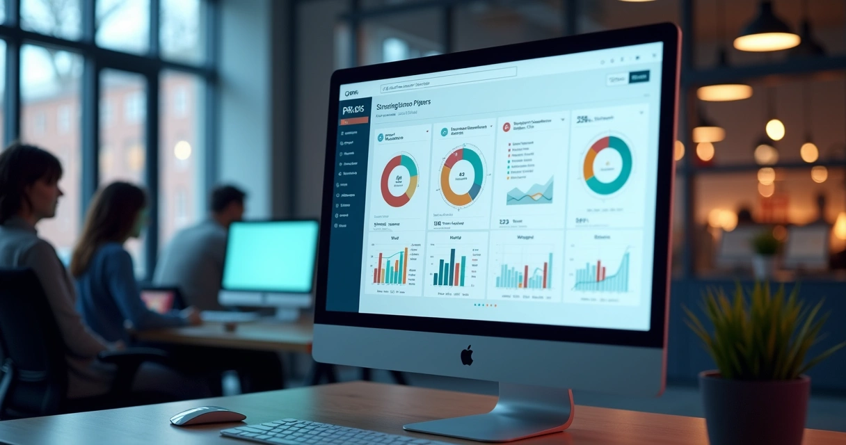 Dashboard de análise de OKRs por temas estratégicos em monitor 