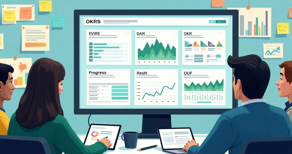 Dashboard com OKRs em progresso em diferentes áreas da empresa 