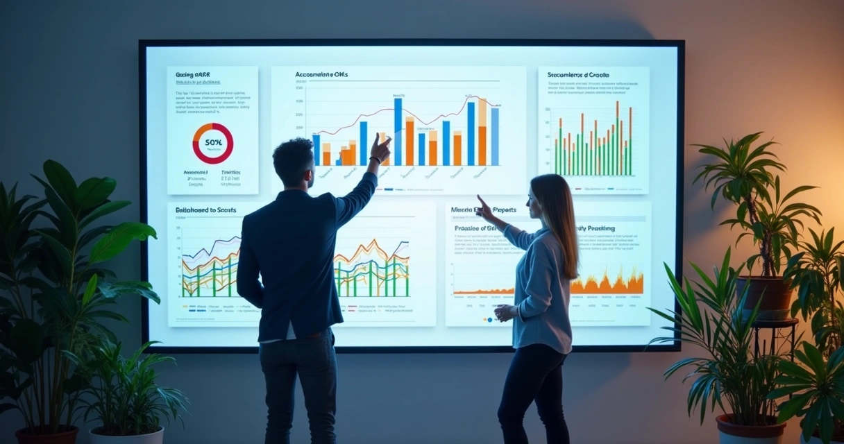 Dashboard digital colorido com gráficos de progresso de OKR, pessoas analisando dados em tela grande 