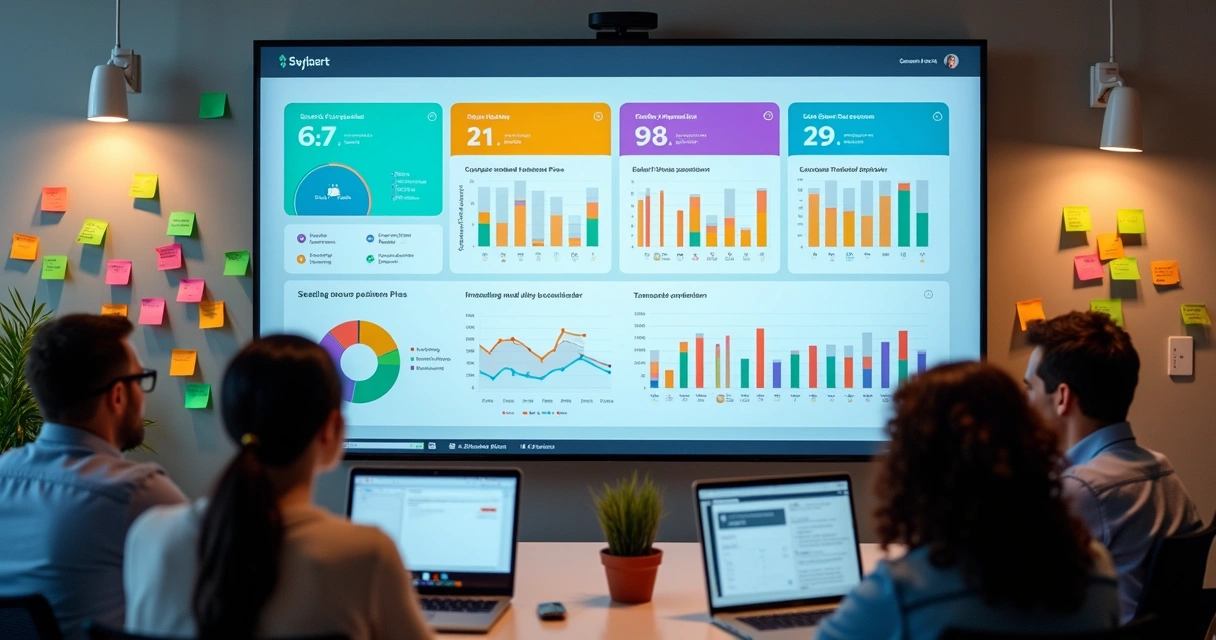 Dashboard de OKR visual em ambiente PME, equipes acompanhando progresso 