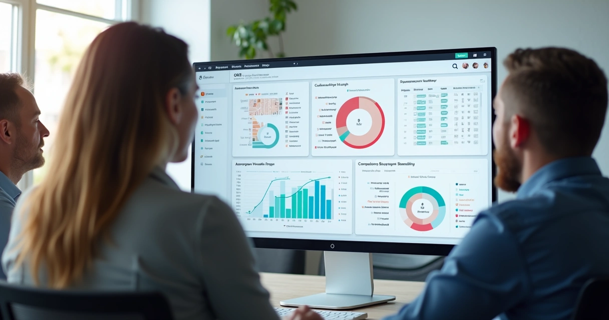 Dashboard digital de OKRs mostrando progresso em tempo real, gráficos coloridos e indicadores de metas