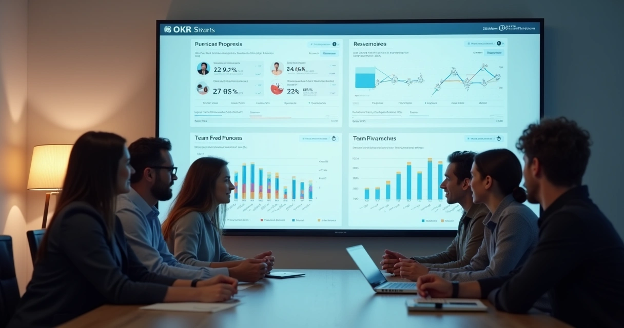 Equipe acompanhando dashboard de OKRs em reunião