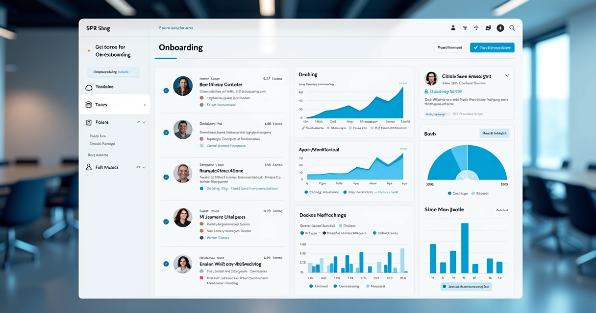 Tela de dashboard de onboarding com IA mostrando progresso dos funcionários 