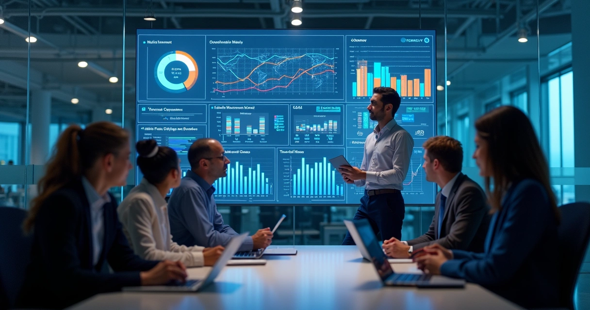 Dashboard operacional com gráficos coloridos em plano de fundo 