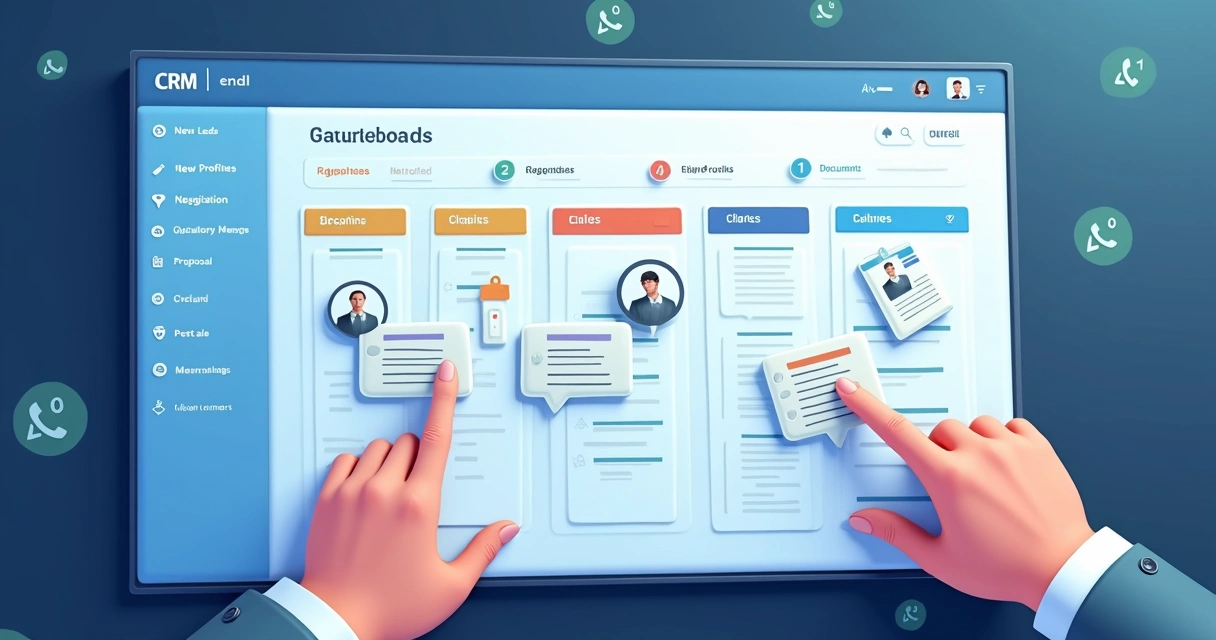 Painel de CRM com colunas de funil de vendas e contatos sendo organizados no ambiente digital