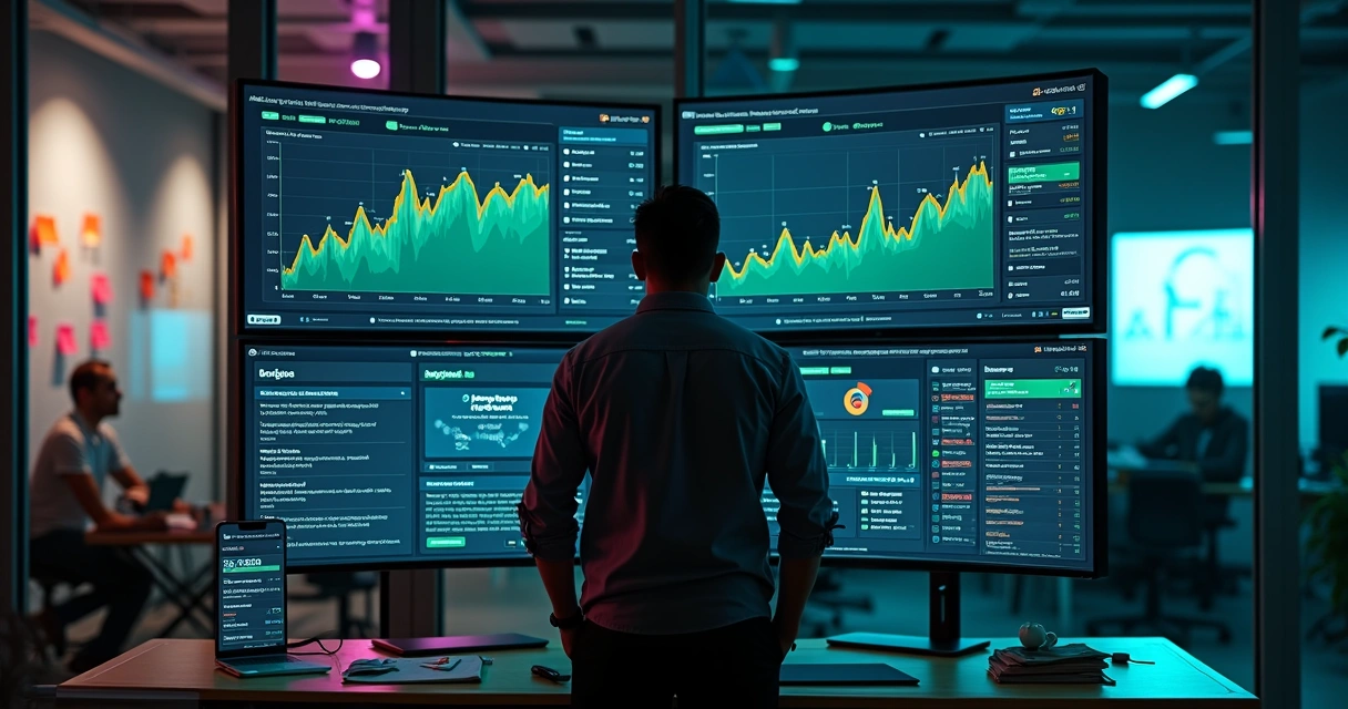 Empresário analisa dashboard de campanhas digitais com gráficos em alta 