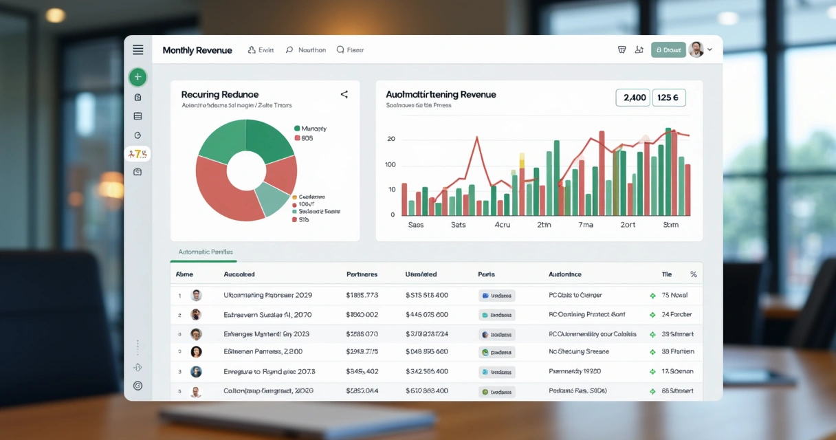 Dashboard de SaaS com recorrência e divisão de valores por parceiro 