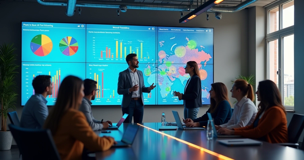 Dashboard corporativo com gráficos interativos em tela ampla 