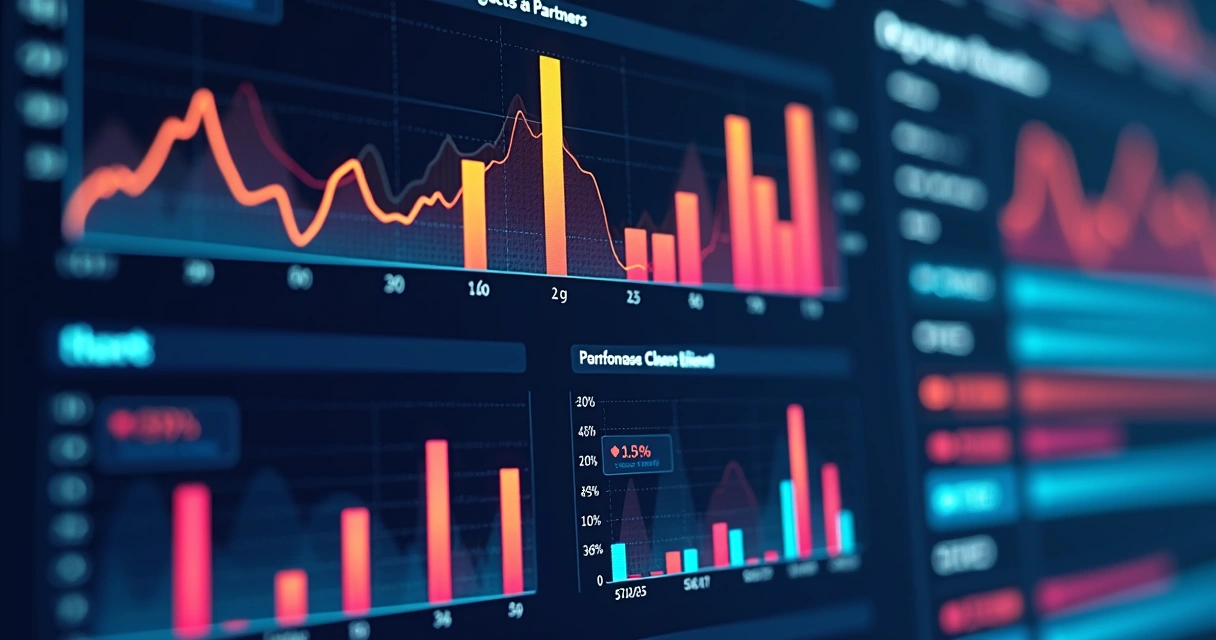 Dashboard digital mostrando gráficos de desempenho de parceiros e indicadores financeiros. 