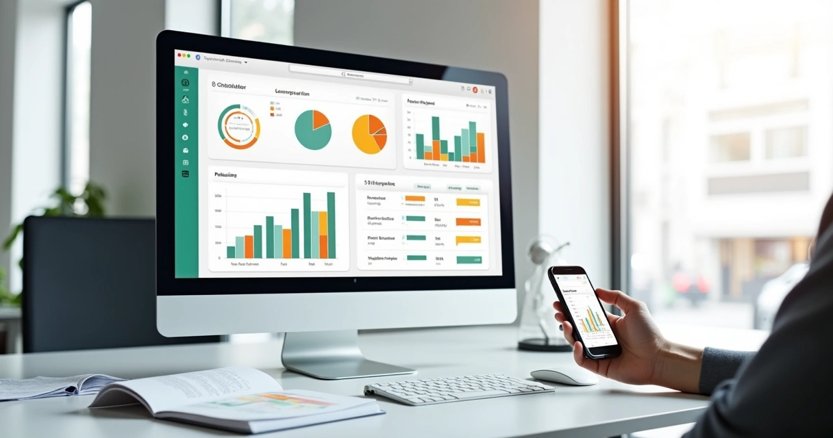 Dashboard de PDV com gráficos de vendas exibido em monitor 