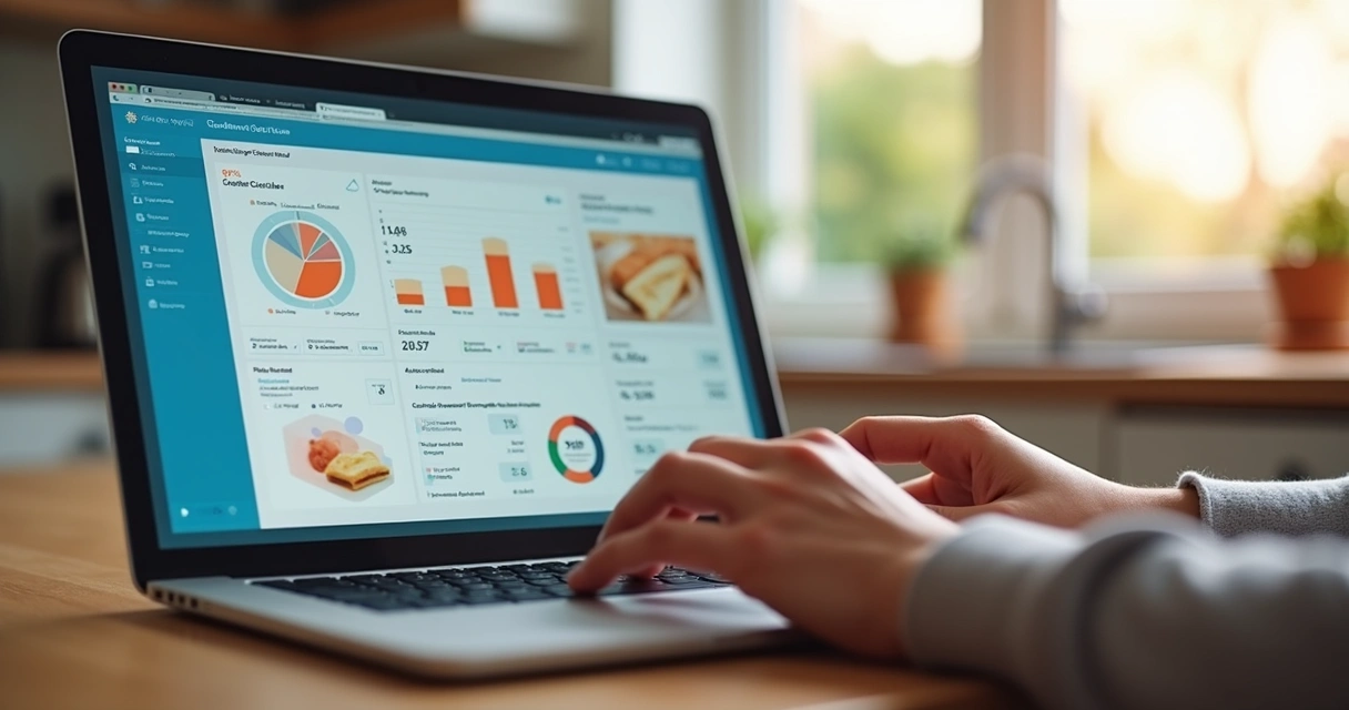 Dashboard digital de pedidos delivery em tela de notebook 