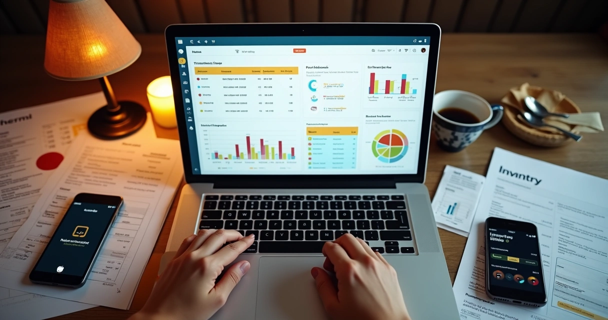 Dashboard de pedidos e estoque de restaurante num notebook moderno 