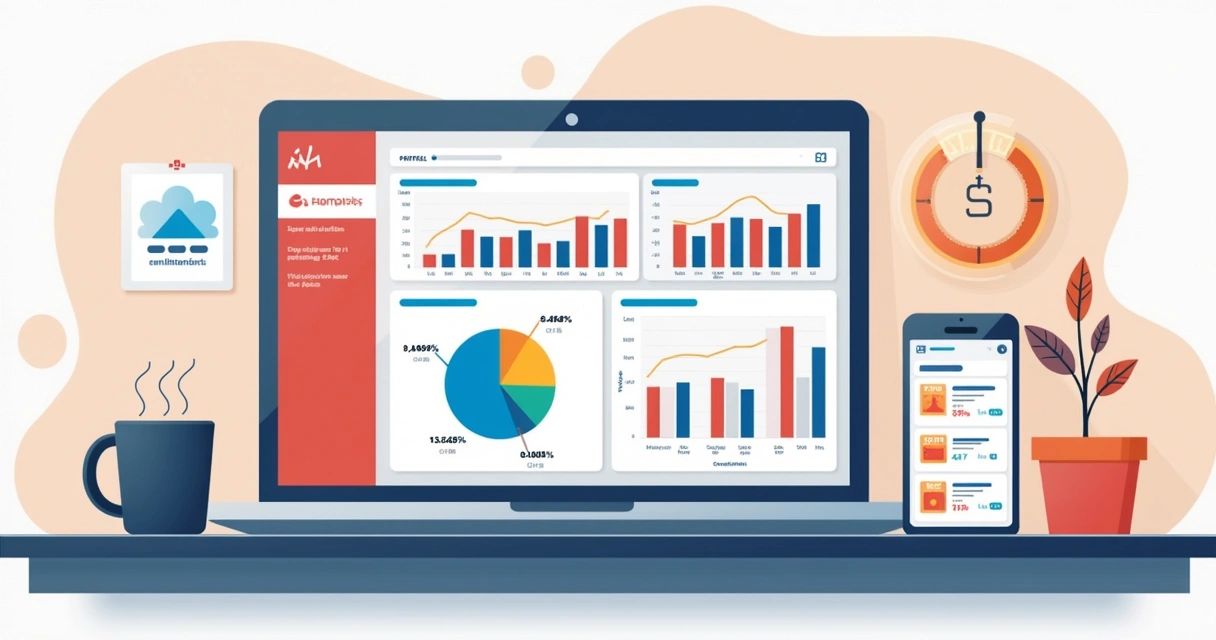 Painel de desempenho em tela de notebook, com gráficos coloridos, barras de progresso e dados de vendas por parceiro. 