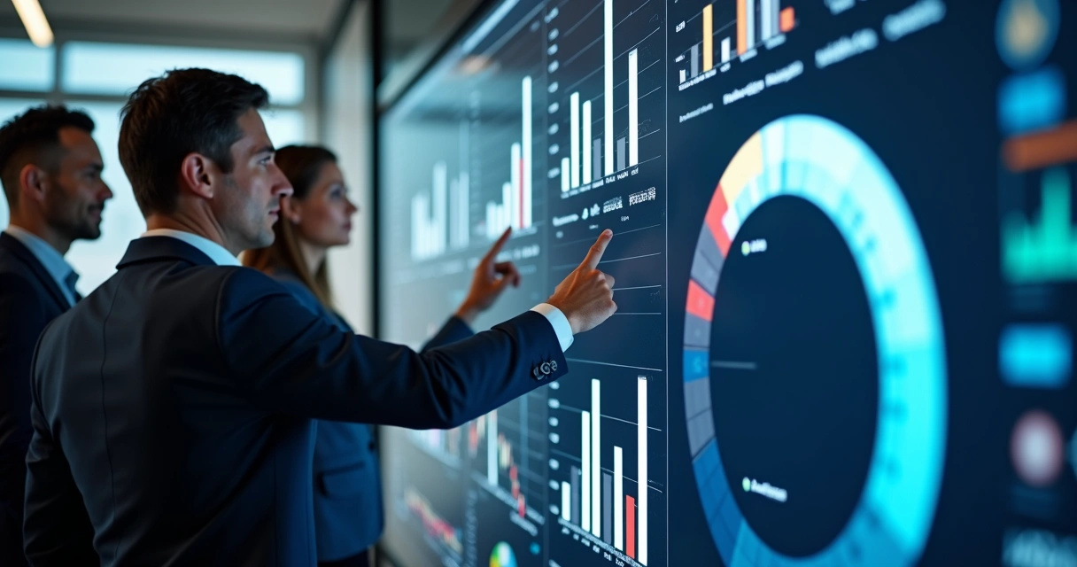 Dashboard interativo com indicadores em destaque e equipe analisando. 