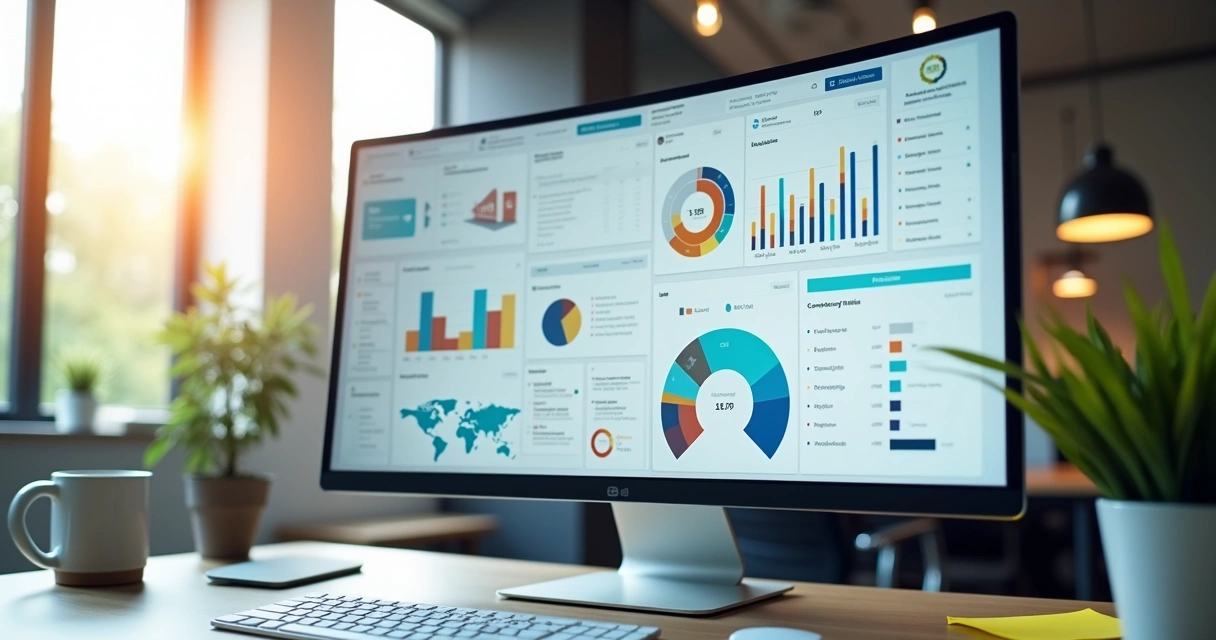 Dashboard de software corporativo personalizado exibindo gráficos coloridos 