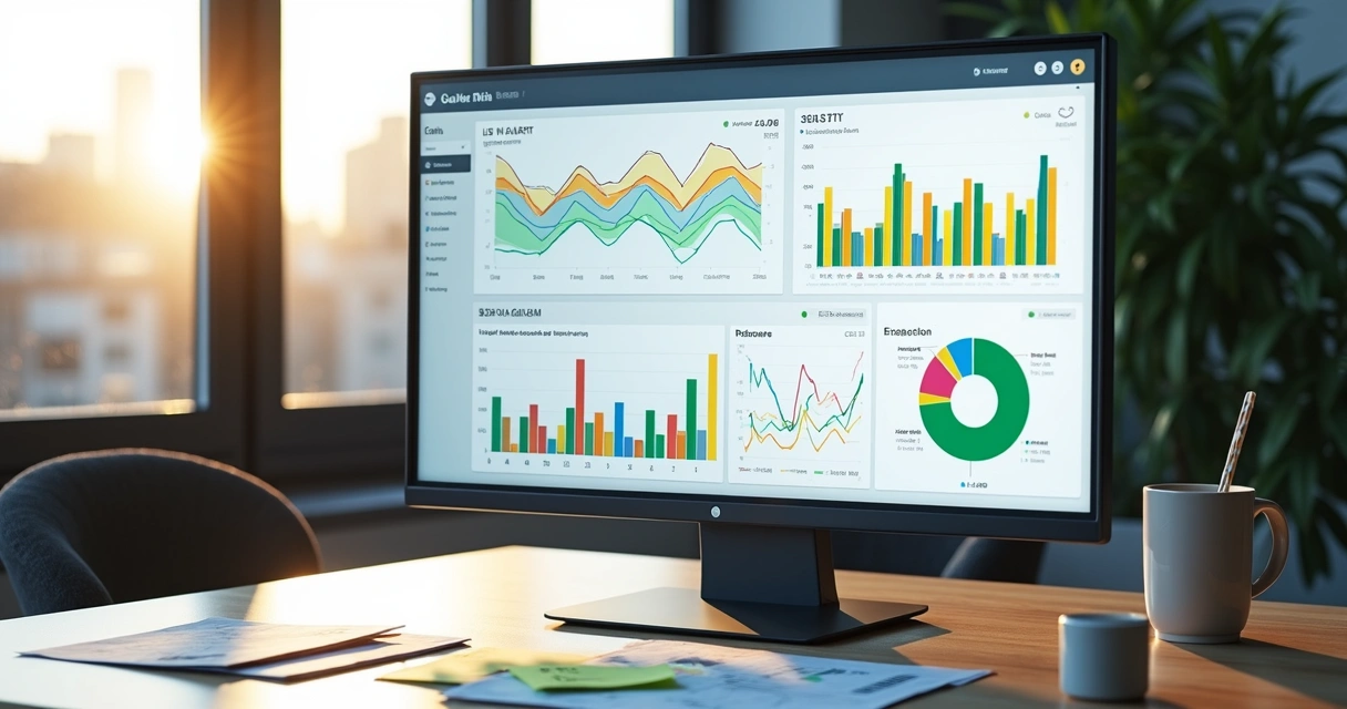 Tela de dashboard financeiro com gráficos coloridos, KPIs de receita e fluxo de caixa, visão superior plana 